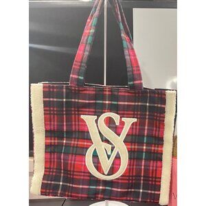 Victorias Secret Plaid & Shearling Tote Bag Flannel Feel Soft Holiday